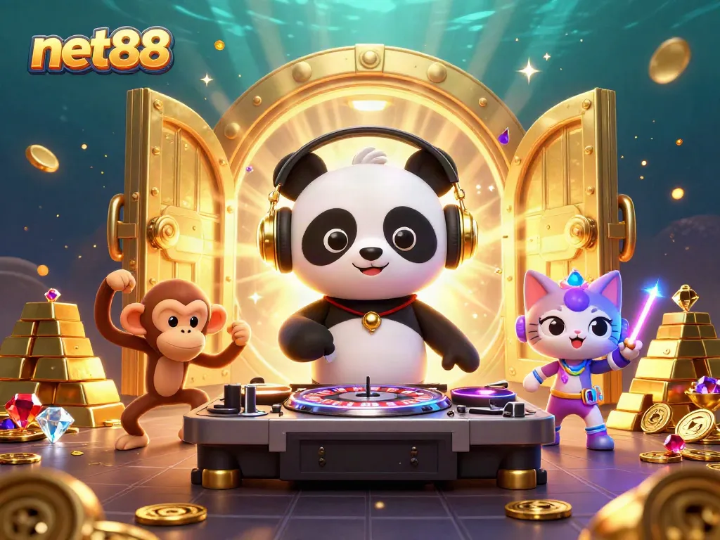 Join the excitement at net88 with a vibrant 3D casino scene featuring lively characters and casino elements.