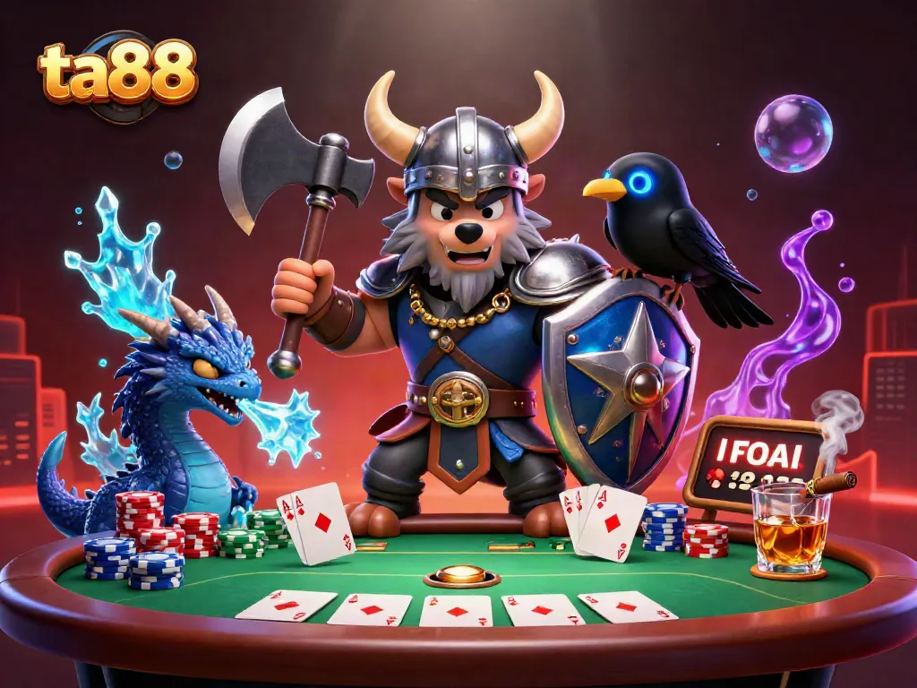 Engage with ta88's thrilling poker world featuring a Viking wolf, dragon, and chips.