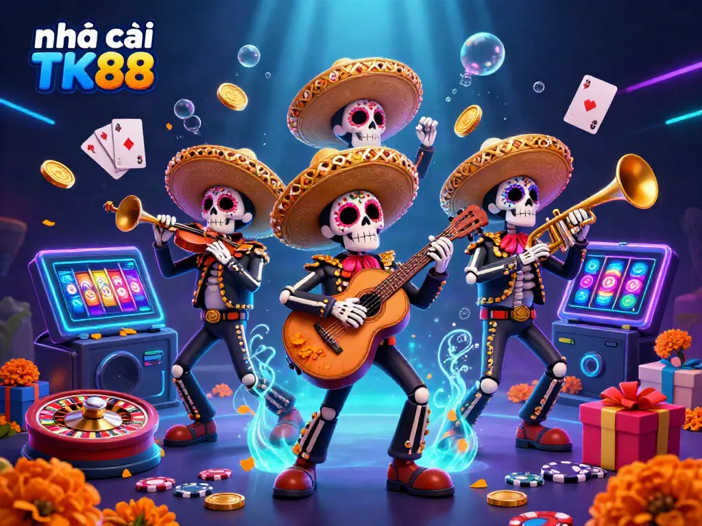 Engage with the casino experience at nhà cái TK88, showcasing vibrant mariachi characters with games and festive elements.