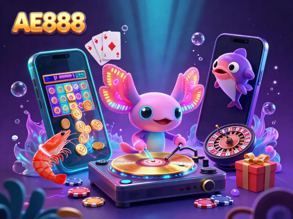 Engage with AE888's vibrant gaming scene featuring a lively axolotl DJ and animated shrimp, showcasing immersive casino excitement.
