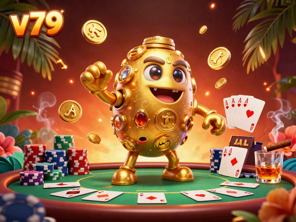 Experience an exciting casino atmosphere as v79 features a golden golem amidst dynamic poker elements.