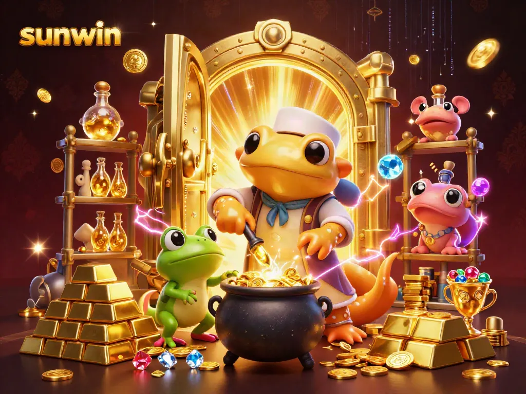 Sunwin players enjoying a vibrant 3D casino adventure with gold coins, jewels, and thrilling game elements