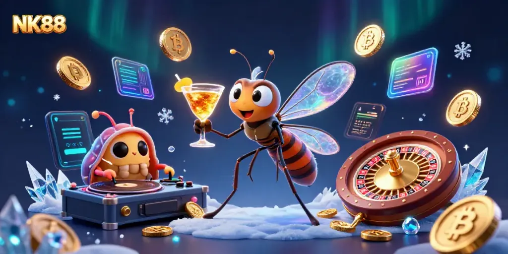 Unveiling NK88's vibrant casino scene with a playful mascot and illuminating crypto elements.