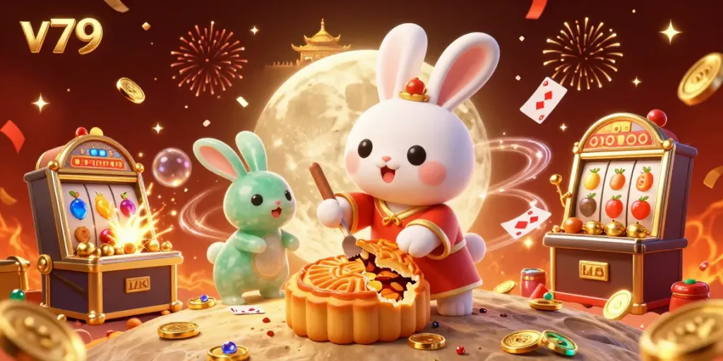 Experience the thrill of v79 with vibrant casino-themed elements and characters in a festive 3D scene.