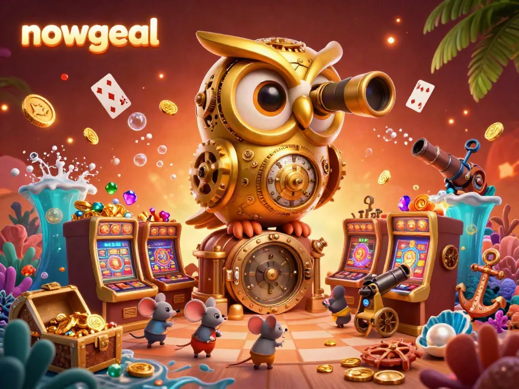 Experience the thrill of nowgoal with a vibrant 3D casino scene featuring lively slots and a golden owl.