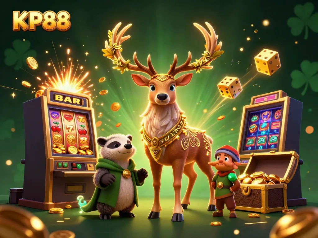 Experience the thrill of KP88 gaming with magical creatures, dynamic slot action, and vibrant colors.