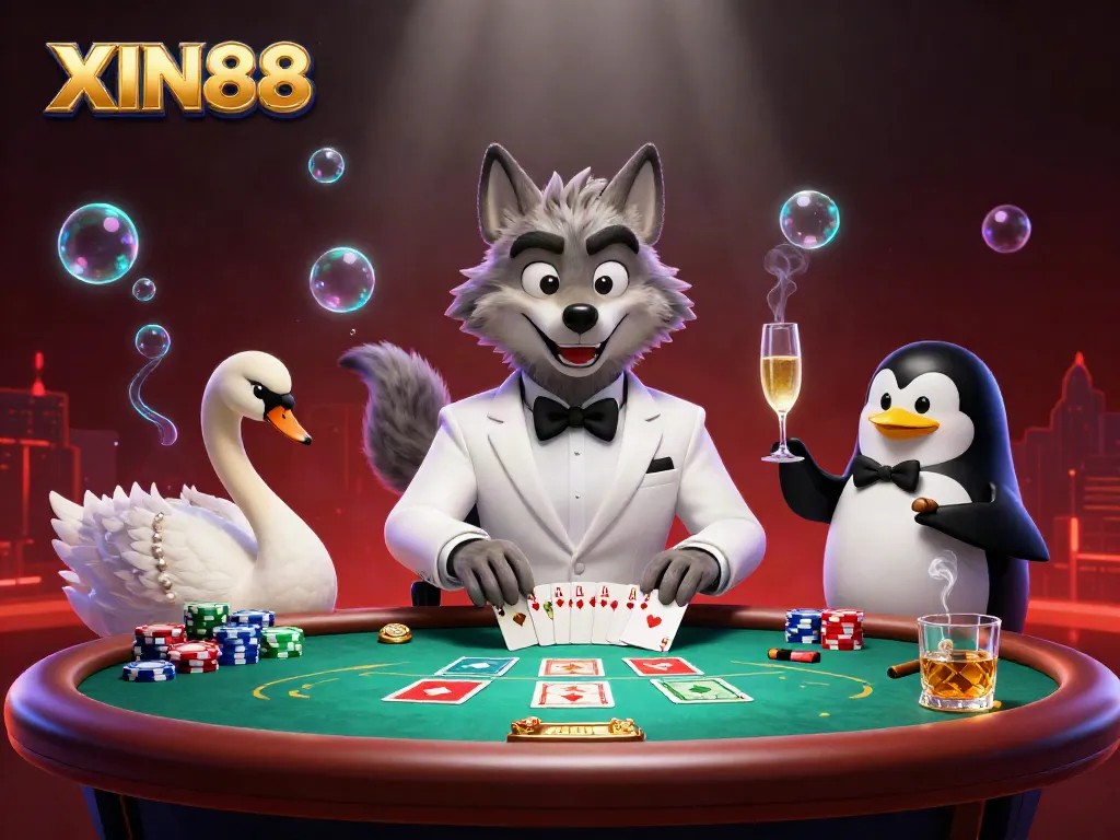 Engage in poker with XIN88's vibrant 3D casino illustration showcasing a debonair wolf, elegant swan, and sophisticated penguin.