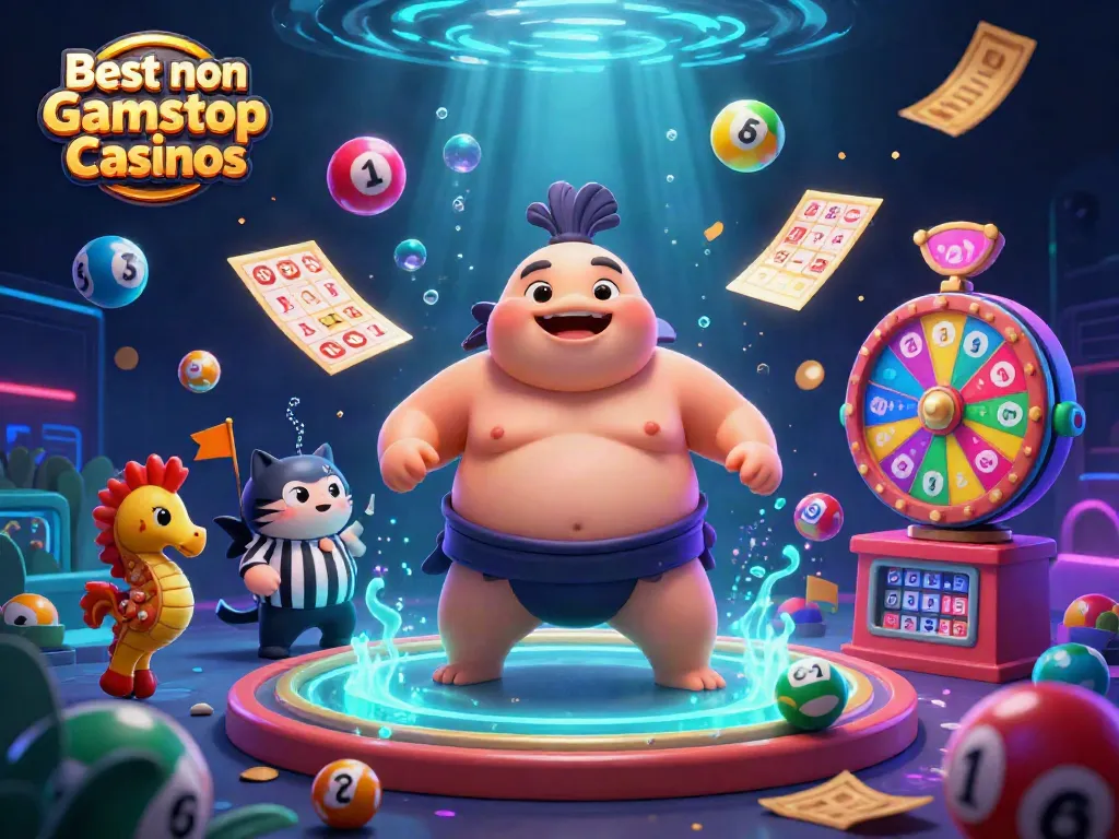 Experience the excitement of the Best non Gamstop Casinos with colorful lottery elements and animated characters.