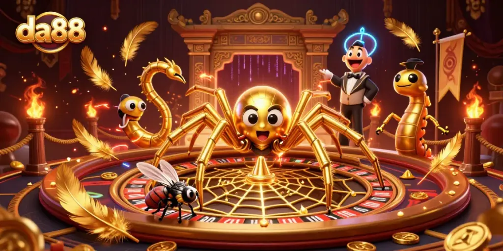 da88 brings thrilling casino action with a spider spinning roulette web and betting fly.