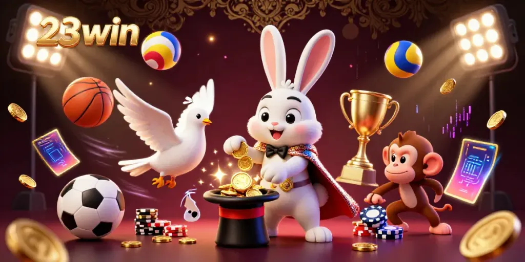 Experience the thrill of 23win with a lively scene featuring a magician rabbit, dove, and monkey amidst casino elements.