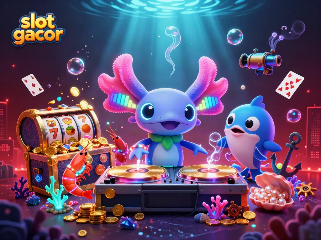 Experience the thrill of slot gacor with vibrant 3D underwater casino scene, featuring neon characters and slot reels.