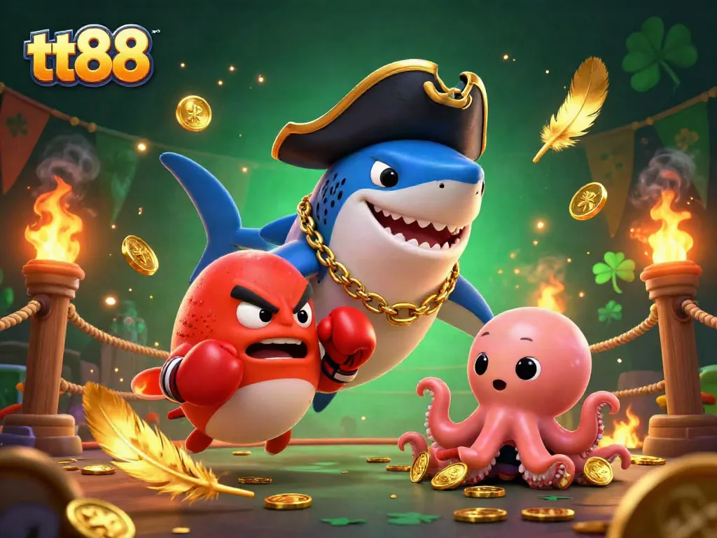 Engage in thrilling gameplay at tt88, featuring a pirate shark, pufferfish, and octopus with gold coins.