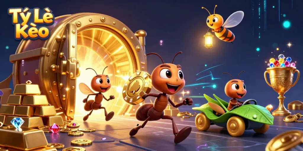 Engage with Tỷ Lệ Kèo through an adventurous scene of ants heisting a massive poker chip amidst sparkling treasures.