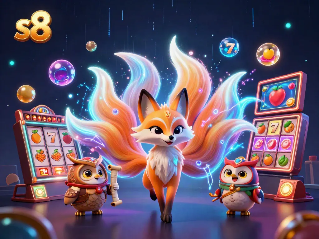 Engage in the vibrant world of s8 casino with a nine-tailed fox spirit and owl sage surrounded by exciting slot game elements.