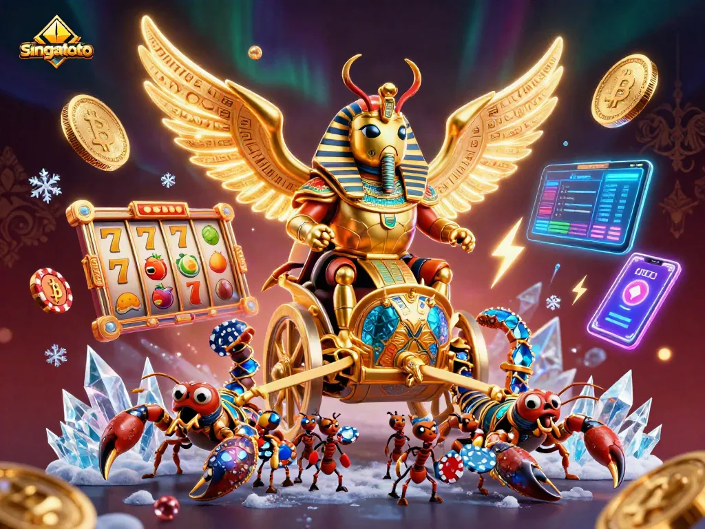 Engage with singatoto's vibrant casino experience featuring a golden scarab and dynamic slot elements.