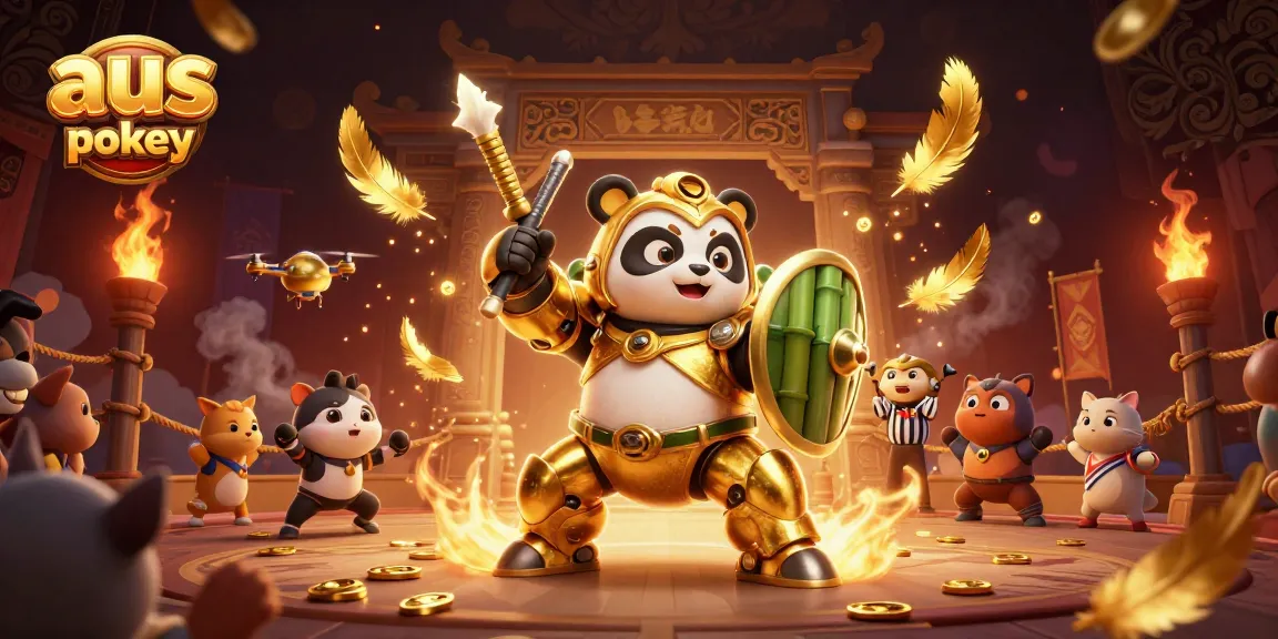 Engage in aus online pokies adventures amid golden panda piloting a robot, vibrant casino arena.